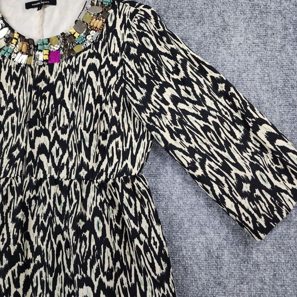 Nanette Lepore Jacket Womens 4 Black White Tribal Linen Blend 3/4 Sleeve Gems - Picture 15 of 16